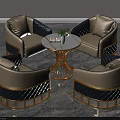Luxurious Table and Chair Set With Beige Navy Blue Chairs Gold Accents Round Marble Top