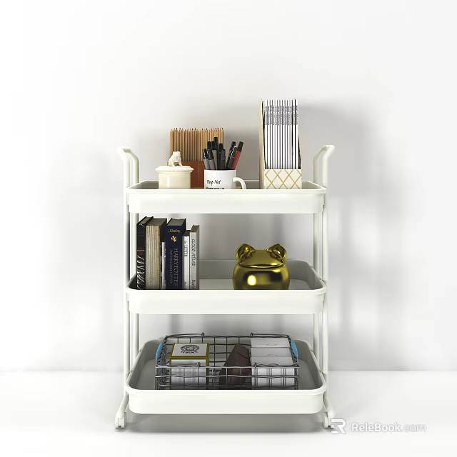 White Metal Shelf Unit with Stationery Notebooks Mug Books Gold Piggy Bank and Storage Basket 3d model 