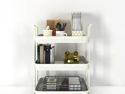 White Metal Shelf Unit with Stationery Notebooks Mug Books Gold Piggy Bank and Storage Basket 3d model