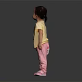 Cute Little Girl In Yellow Giraffe Print Tshirt Pink Pants And Pink Shoes Dark Background