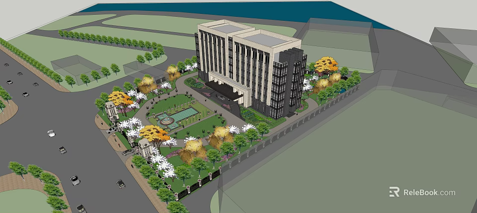 Modern Office Building Exterior With Landscaped Garden And Surrounding Trees 3d model 