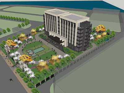 Modern Office Building Exterior With Landscaped Garden And Surrounding Trees 3d model