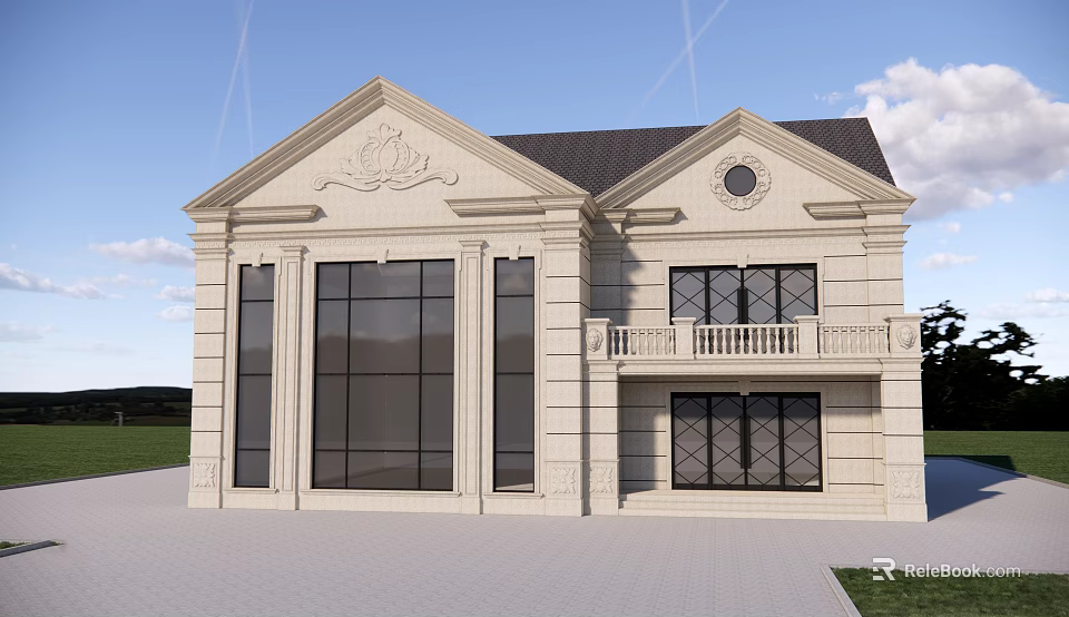 European Style Detached Villa With Stone Exterior Large Windows And Balcony 3d model 