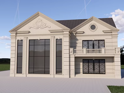 European Style Detached Villa With Stone Exterior Large Windows And Balcony 3d model