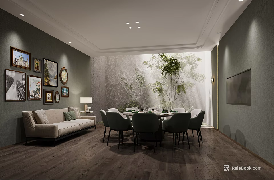 Elegant Private Box Interior With Comfortable Sofa Dining Table Decorative Paintings And Green Plant 3d model