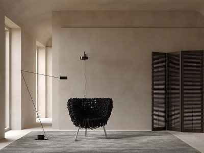Modern Minimalist Interior With Black Woven Lounge Chair Floor Lamp Shutters And Rug 3d model