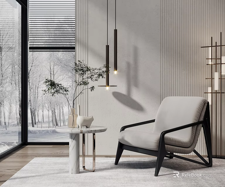 Modern Interior Featuring Single Sofa White Round Side Table Plant And Snowy Window View 3d model 