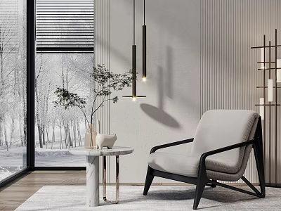 Modern Interior Featuring Single Sofa White Round Side Table Plant And Snowy Window View 3d model