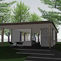 Modern Outdoor Glass Pavilion With Black Roof Surrounded by Trees and Green Lawn