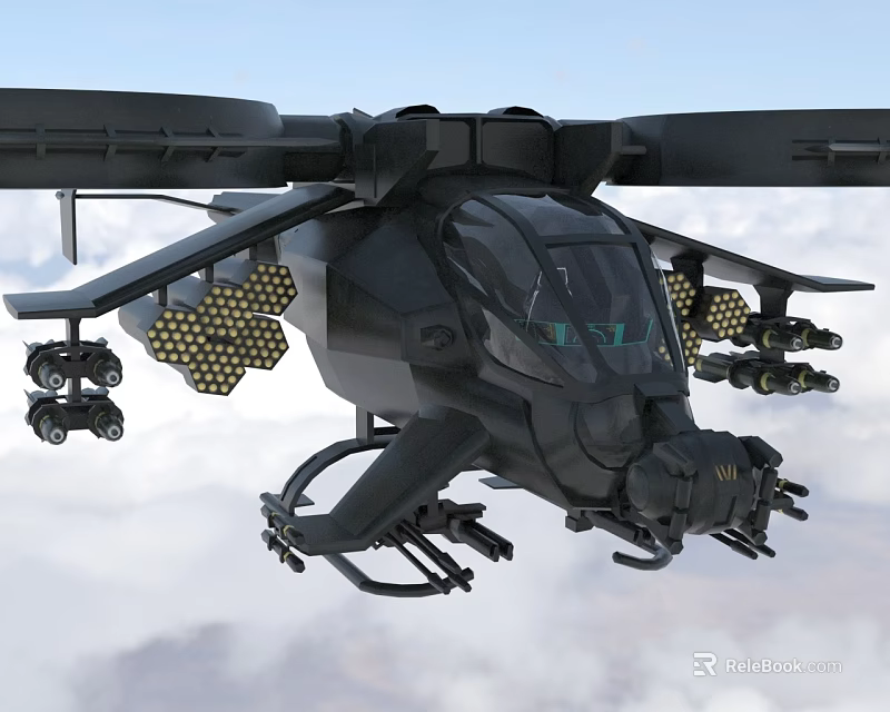 Black Armed Military Helicopter With Weapon Systems Flying In Clouds 3d model 