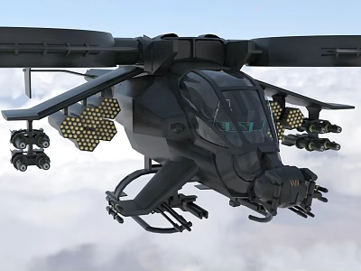 Black Armed Military Helicopter With Weapon Systems Flying In Clouds 3d model