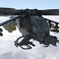 Black Armed Military Helicopter With Weapon Systems Flying In Clouds