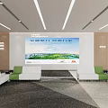 Modern Bright Service Hall Interior With Large Screen White Green Sofas And Indoor Plants