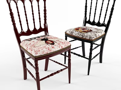 Vintage Wooden Chairs With Carved Backrest And Floral Patterned Cushioned Seats 3d model