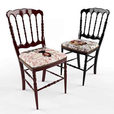 Vintage Wooden Chairs With Carved Backrest And Floral Patterned Cushioned Seats 3d model