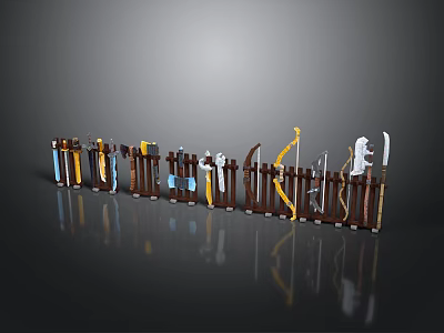 Medieval Weapons Collection Swords Bows Arrows Shields Displayed On Wooden Rack With Reflection 3d model