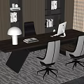 Modern Office Interior Design With Wooden Desk Table Lamp Laptop Gray Chairs And Bookshelf