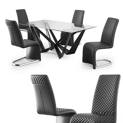 Modern Dining Table And Chair Set With Glass Top Black Woven Chairs 3d model