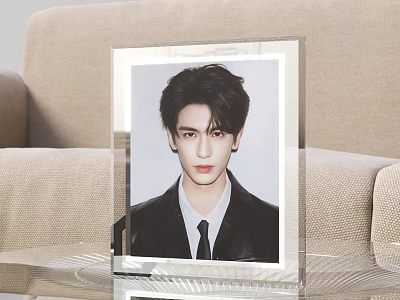 Photo Wall With Transparent Frame Displaying Male Portrait Against Beige Sofa Background 3d model
