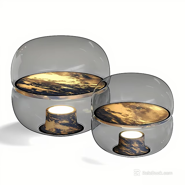 Transparent Spherical Glass Table Lamp With Golden Sunset Inner Scenery And Illuminated Base 3d model 
