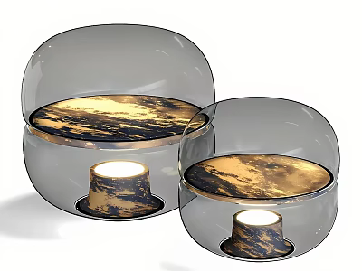 Transparent Spherical Glass Table Lamp With Golden Sunset Inner Scenery And Illuminated Base 3d model