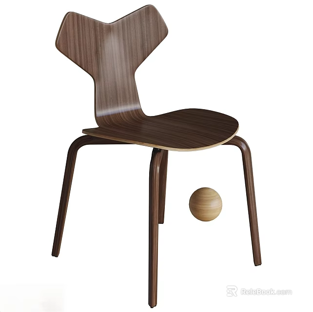 Modern Walnut Wood Dining Chair With Curved Backrest Sleek Legs And Wooden Ball Accent 3d model 