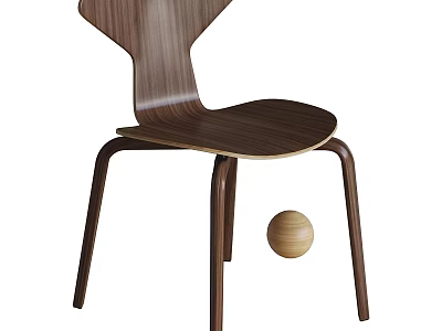 Modern Walnut Wood Dining Chair With Curved Backrest Sleek Legs And Wooden Ball Accent 3d model