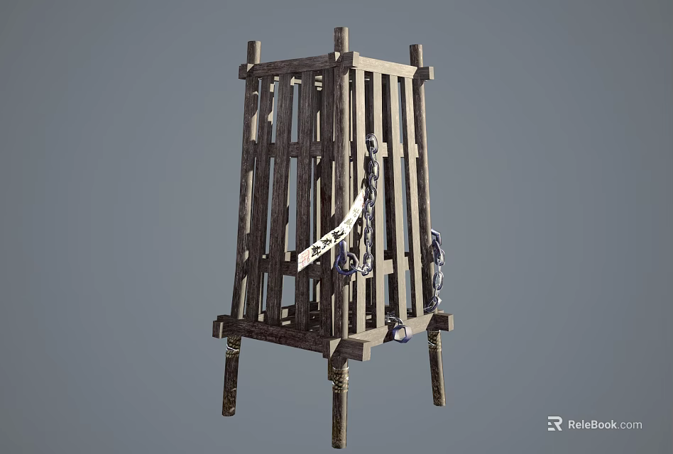 Medieval Wooden Prisoner Stocks With Iron Chains Vertical Bars And Iron Rings 3d model 