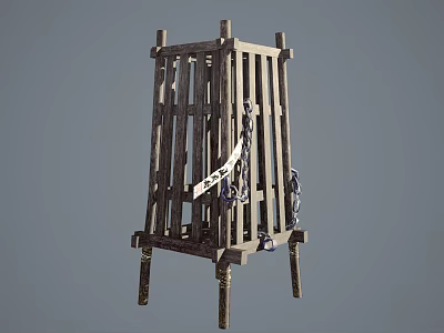Medieval Wooden Prisoner Stocks With Iron Chains Vertical Bars And Iron Rings 3d model
