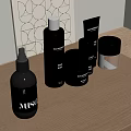 Perfume Cosmetics Collection Black Spray Bottles And Jars On Wooden Tabletop With Decorative Wall Art