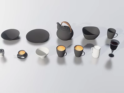 Stylish Black and White Cups with Plates Bowls Kettle and Wine Glass Tableware Collection 3d model