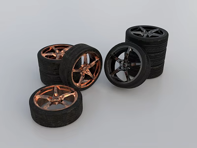 Car Tires with Copper and Black Alloy Rims Stacked on Gray Surface Featuring Stylish Design 3d model