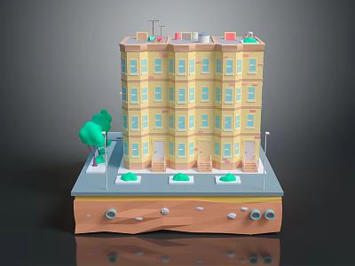 Cartoon Scene With Multi Story Yellow Building Windows Doors Green Trees And Street 3d model