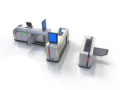 Modern Security Checkpoint Equipment With Computer Screens Scanner Gates And Control Desk 3d model