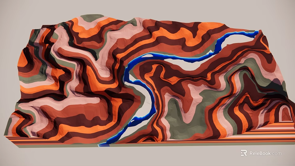 Sand Table Model With Colorful Wavy Terrain Textures And Blue Lines 3d model 