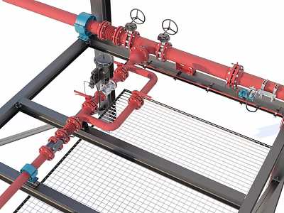 Industrial Equipment Red Piping System With Valves Gauges And Metal Frame Platform 3d model