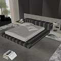 Modern Double Bed Interior Design With Upholstered Headboard Gray Bedding And Patterned Wall 3d model