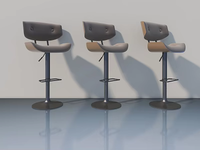 Modern Gray Brown Bar Stools With Metal Frame Round Base Against Wall 3d model