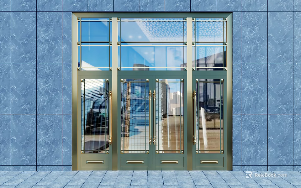 Golden Frame Glass Panel Double Doors With Blue Marble Wall And Tiled Floor Exterior 3d model 