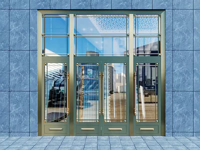 Golden Frame Glass Panel Double Doors With Blue Marble Wall And Tiled Floor Exterior 3d model