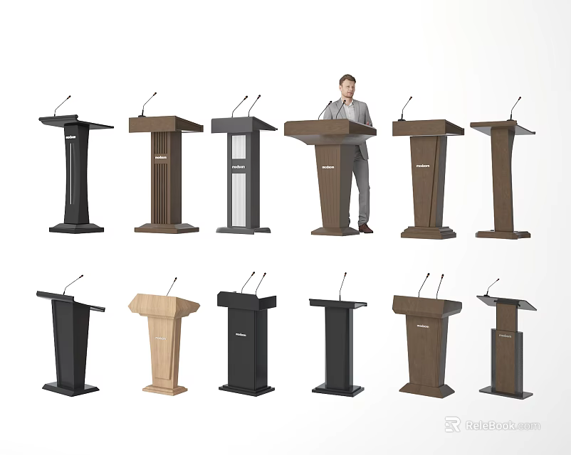 Various Design Podiums with Wooden and Black Presentation Stands Featuring Speaker 3d model 
