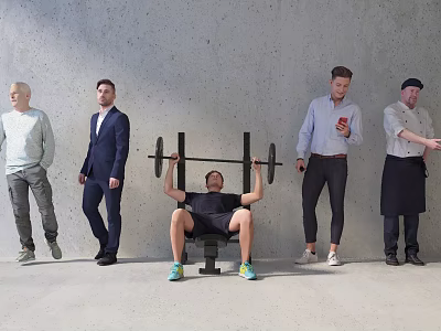 Group of People One Lifting Barbell on Bench While Others Standing Around in Indoor Space 3d model