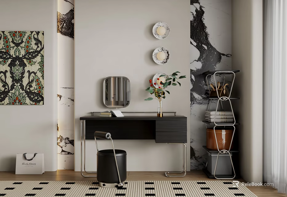 Modern Dressing Table With Metal Frame Vase Green Plant And Decorative Plates On Wall 3d model 