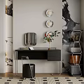 Modern Dressing Table With Metal Frame Vase Green Plant And Decorative Plates On Wall