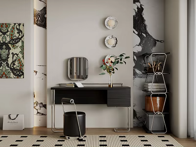 Modern Dressing Table With Metal Frame Vase Green Plant And Decorative Plates On Wall 3d model