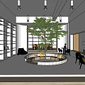Modern Casual Area Interior With Circular Seating Large Tree Orange Yellow Chairs And White Shelves