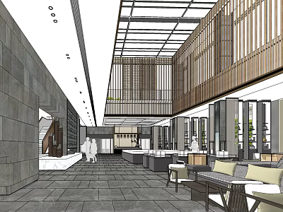 Modern Sales Office Interior Featuring Glass Roof Wooden Screens And Stone Flooring With Seating 3d model