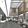 Modern Sales Office Interior Featuring Glass Roof Wooden Screens And Stone Flooring With Seating