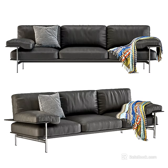 Black Leather Three Seater Sofa With Throw Pillow And Colorful Blanket On Metal Legs 3d model 