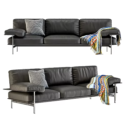 Black Leather Three Seater Sofa With Throw Pillow And Colorful Blanket On Metal Legs 3d model
